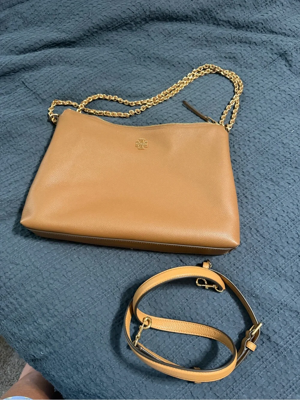 Tory Burch Cognac Pebbled Leather Shoulder Bag with Gold Chain